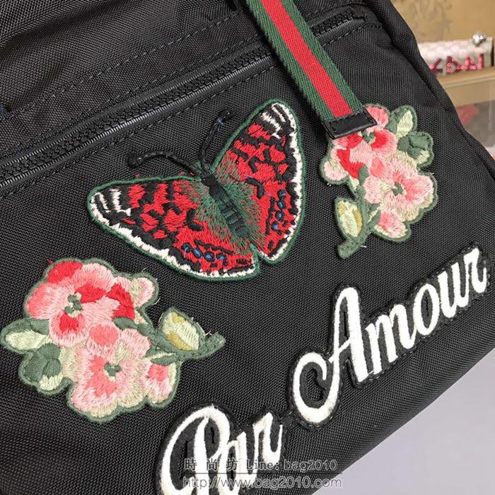 GUCCI 古馳男包 新款 450982 刺繡裝飾 古馳雙肩背包 黑色 GUCCI男背包